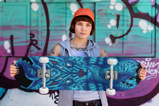 Skater girl with Deep Blue Wolf Tulu Skateboard
