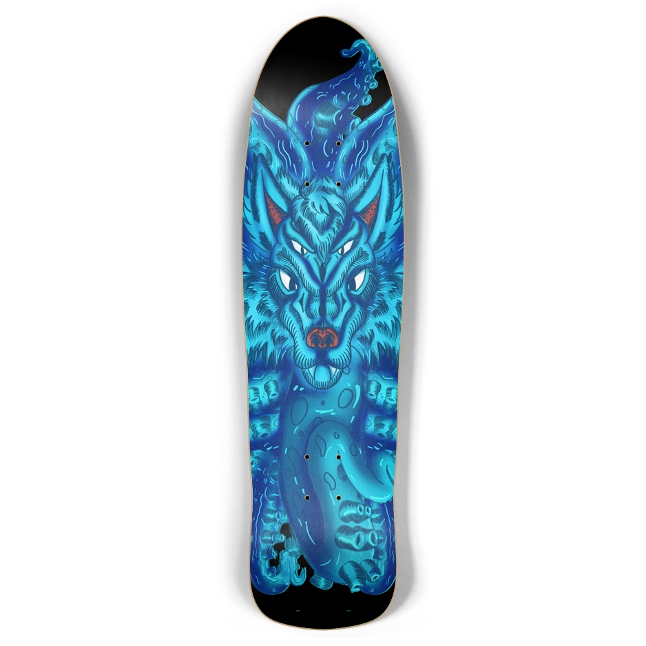 Deep Blue Wolf Tulu Retro Rocket Skateboard AMCThorn Art
