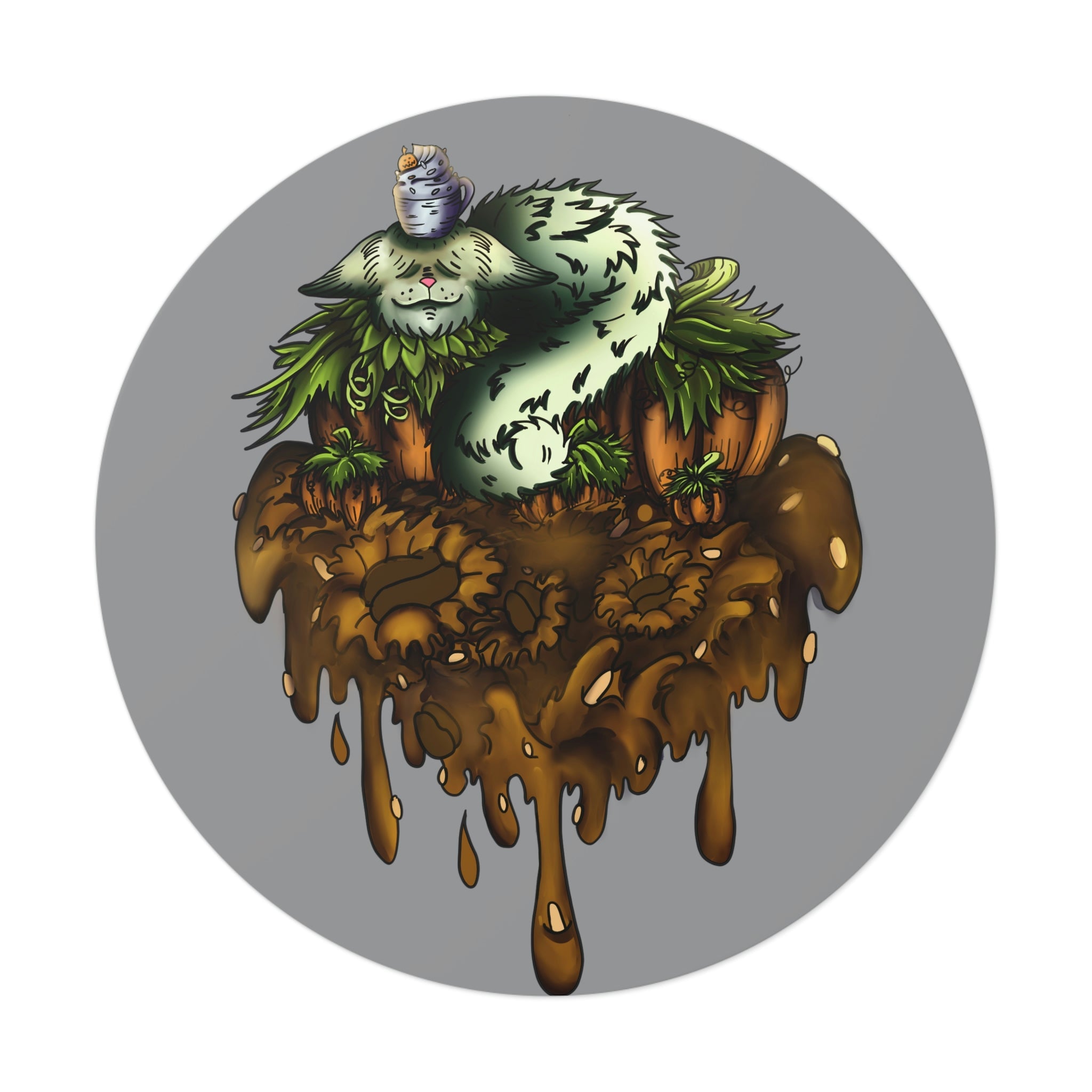 Gray Pumpkin Spice Kitten Round Vinyl Stickers - AMCThorn Art