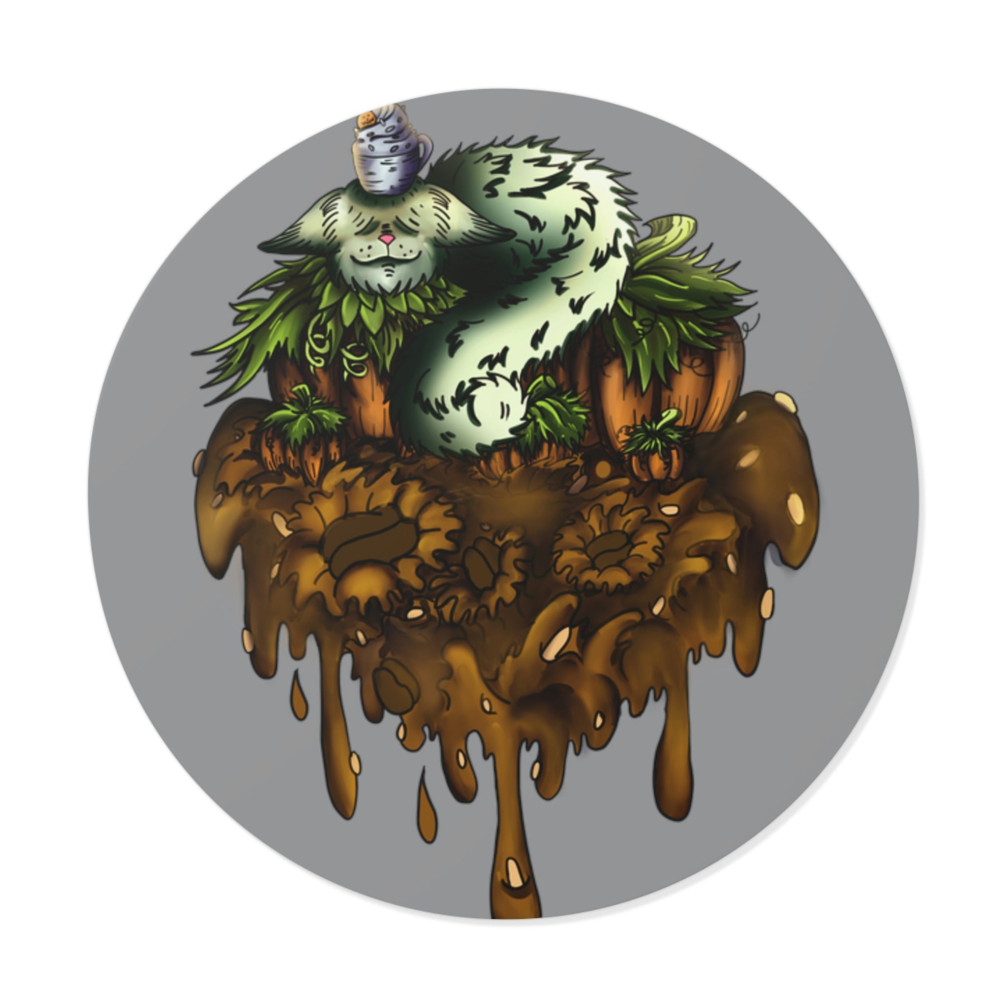 Gray Pumpkin Spice Kitten Round Vinyl Stickers - AMCThorn Art